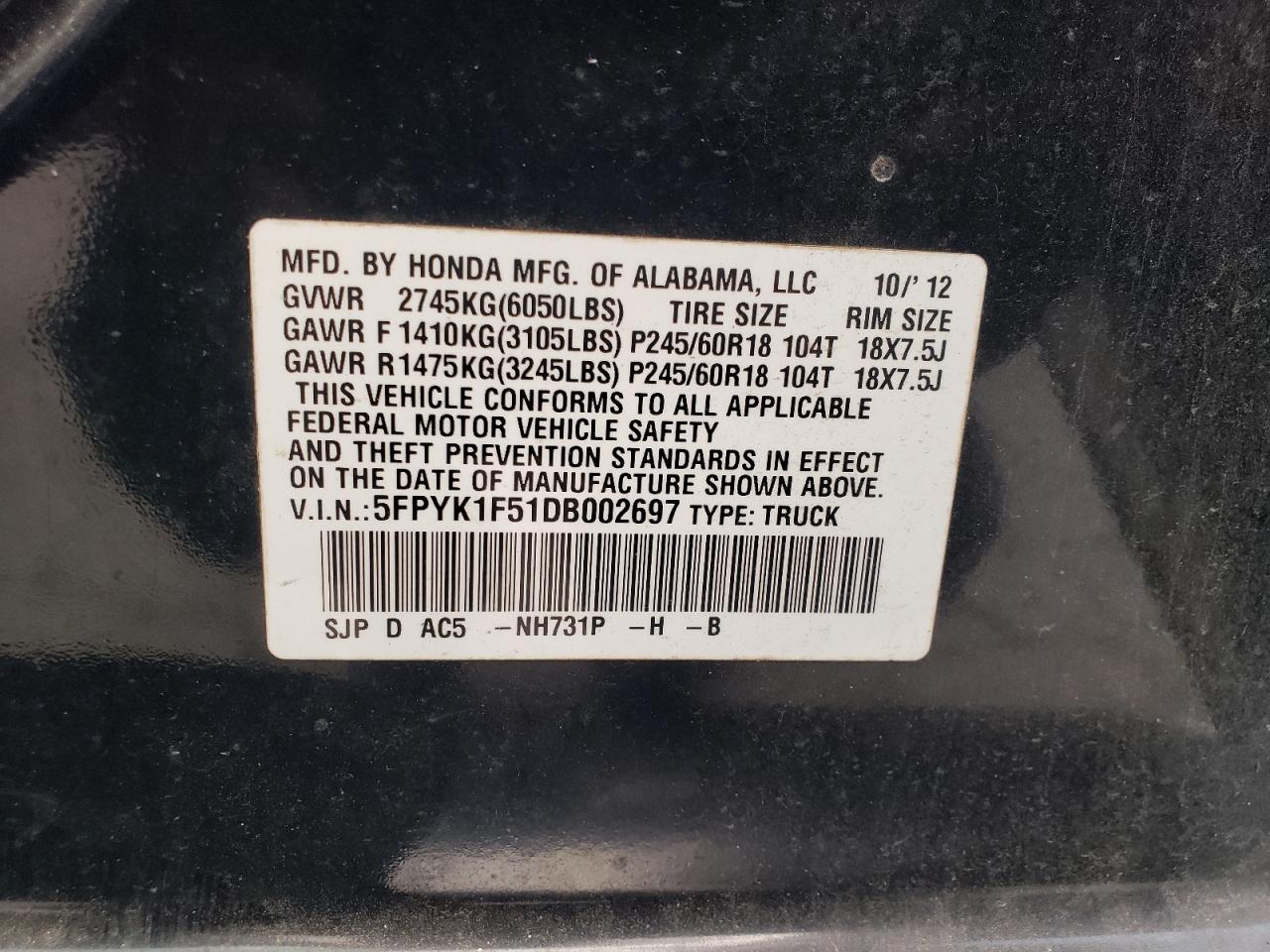 2013 Honda Ridgeline Rtl VIN: 5FPYK1F51DB002697 Lot: 80005975