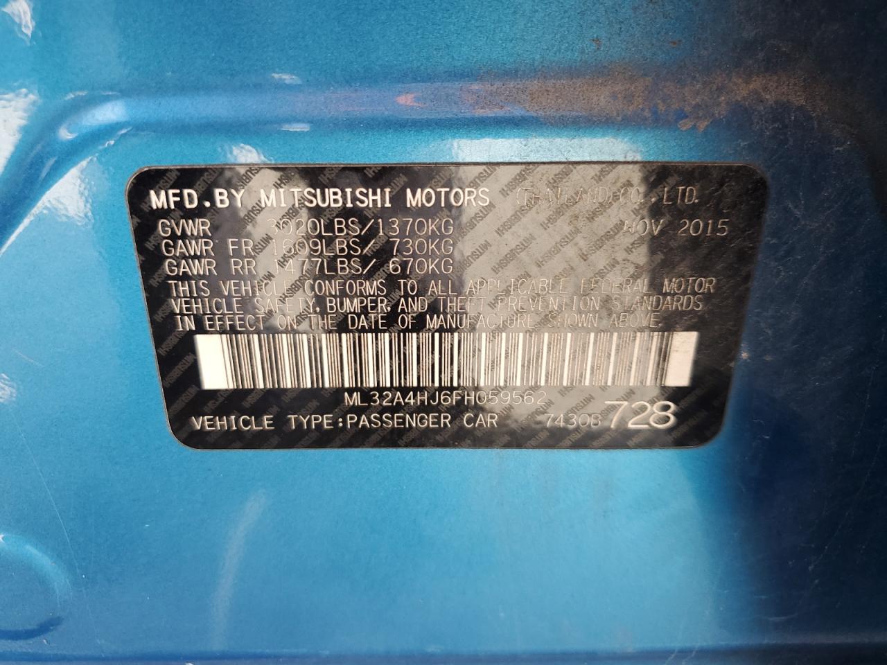 2015 Mitsubishi Mirage Es VIN: ML32A4HJ6FH059562 Lot: 81864985