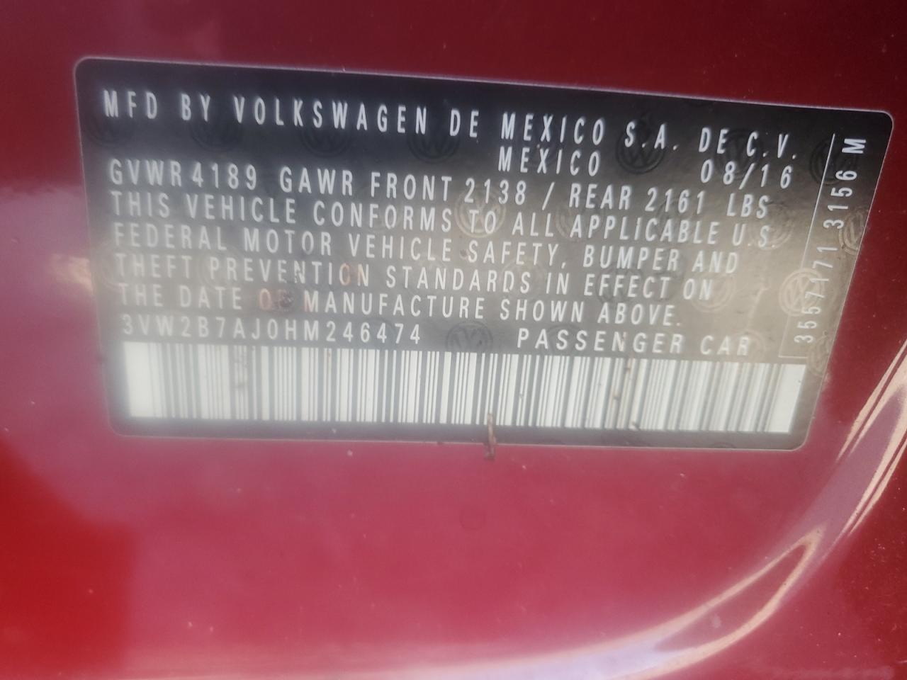 2017 Volkswagen Jetta S VIN: 3VW2B7AJ0HM246474 Lot: 81283535