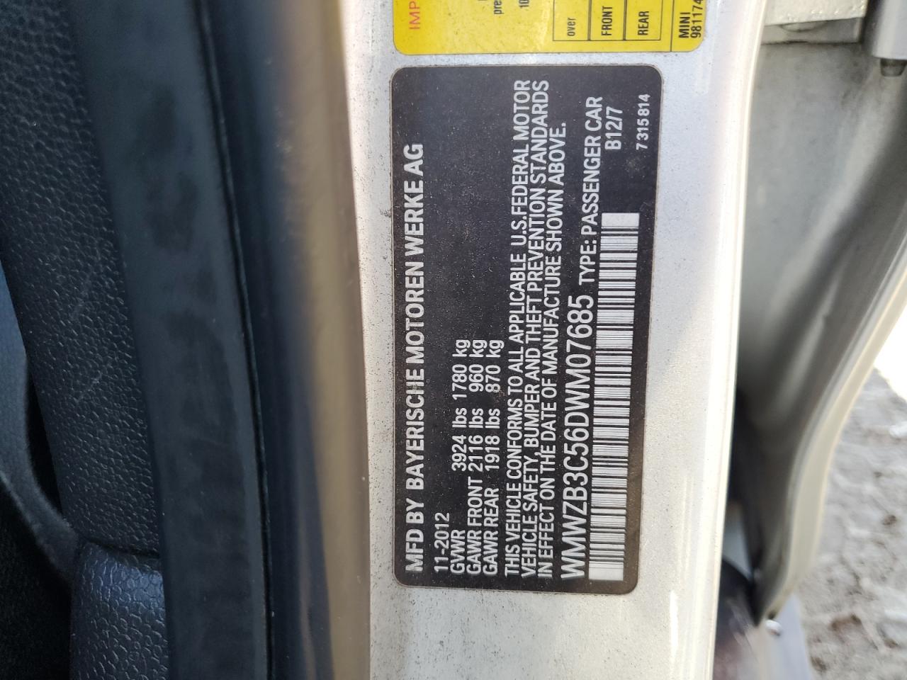 2013 Mini Cooper Countryman VIN: WMWZB3C56DWM07685 Lot: 81209125