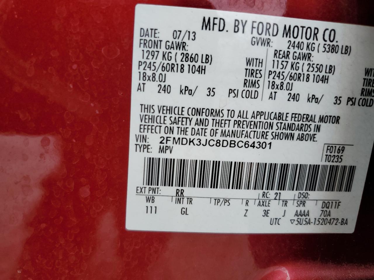 2013 Ford Edge Sel VIN: 2FMDK3JC8DBC64301 Lot: 71191185