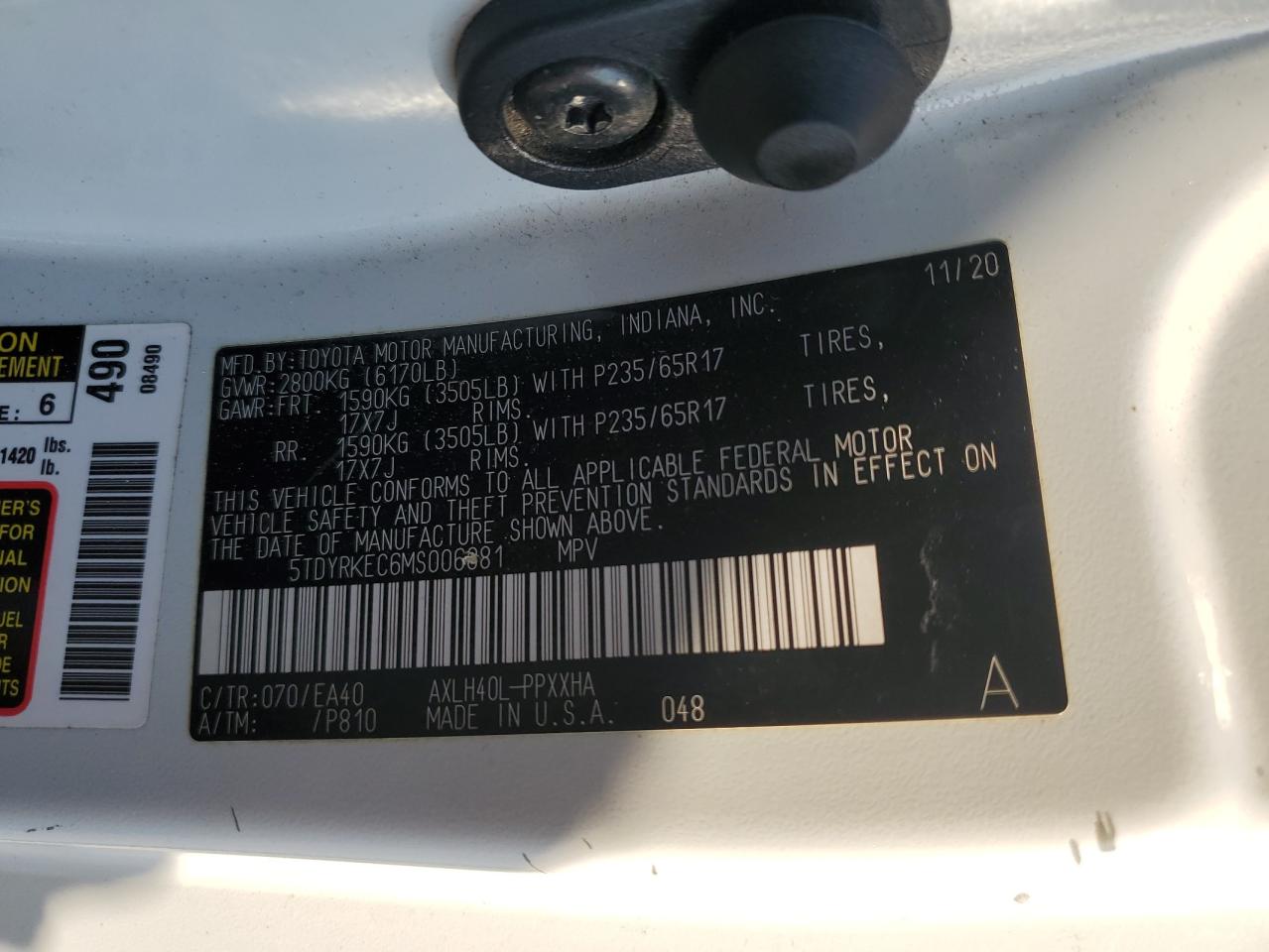 2021 Toyota Sienna Xle VIN: 5TDYRKEC6MS006881 Lot: 80569615