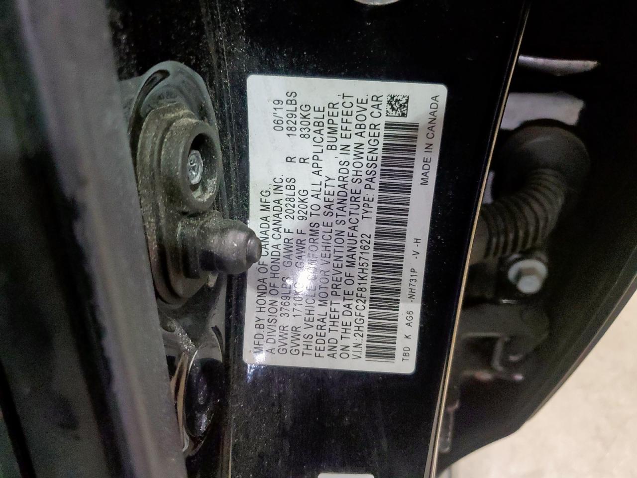 2019 Honda Civic Sport VIN: 2HGFC2F81KH571622 Lot: 81721935