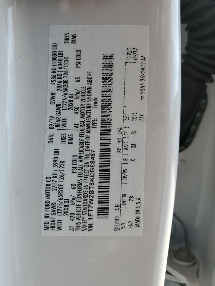 2019 Ford F250 Super Duty VIN: 1FT7W2BT8KEG68487 Lot: 80624865