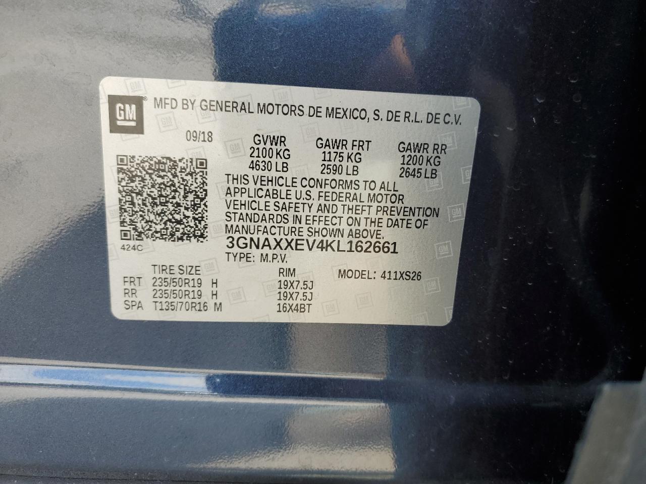 2019 Chevrolet Equinox Premier VIN: 3GNAXXEV4KL162661 Lot: 81383305