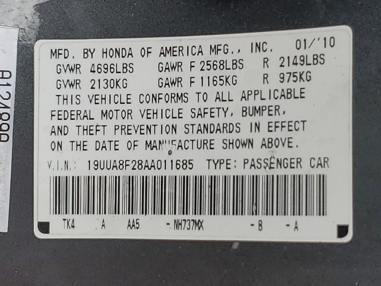 2010 Acura Tl VIN: 19UUA8F28AA011685 Lot: 81077455
