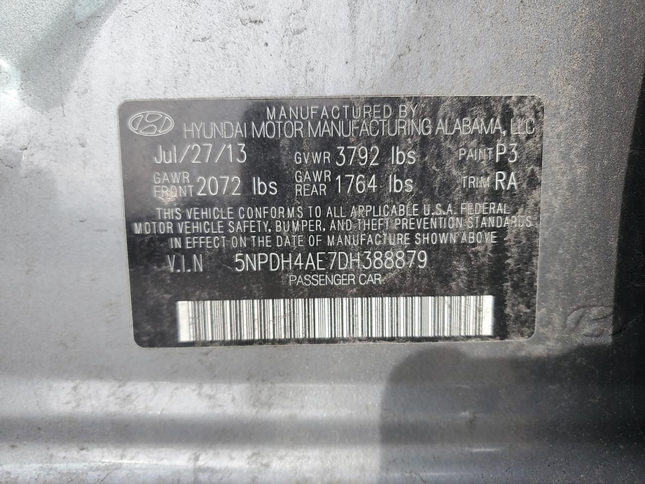 2013 Hyundai Elantra Gls VIN: 5NPDH4AE7DH388879 Lot: 70306405