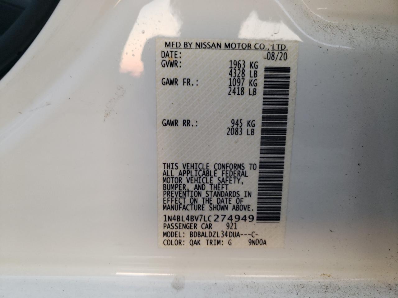 2020 Nissan Altima S VIN: 1N4BL4BV7LC274949 Lot: 81549985