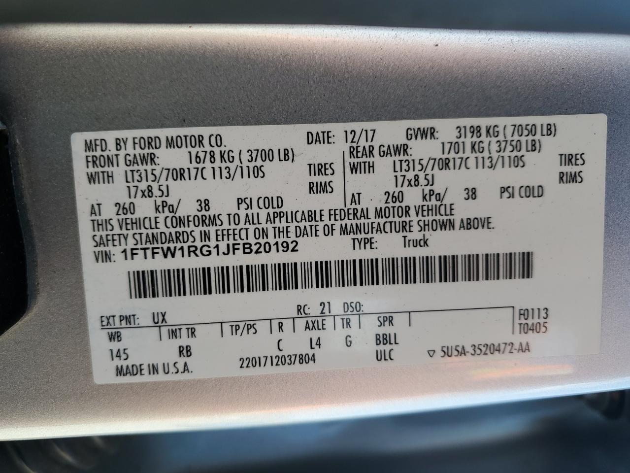 2018 Ford F150 Raptor VIN: 1FTFW1RG1JFB20192 Lot: 81720635