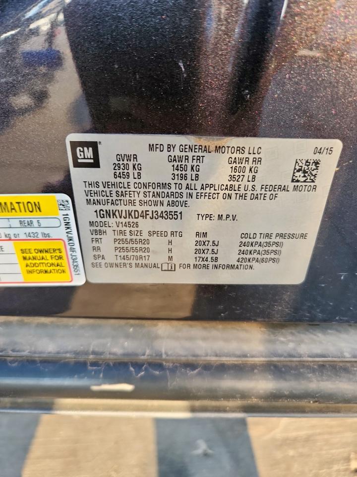 2015 Chevrolet Traverse Ltz VIN: 1GNKVJKD4FJ343551 Lot: 71229565