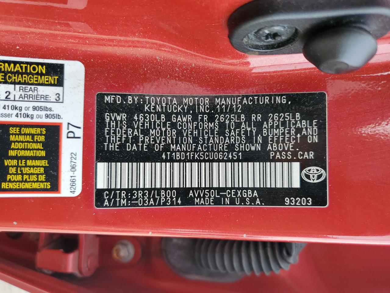 2012 Toyota Camry Hybrid VIN: 4T1BD1FK5CU062451 Lot: 81421845