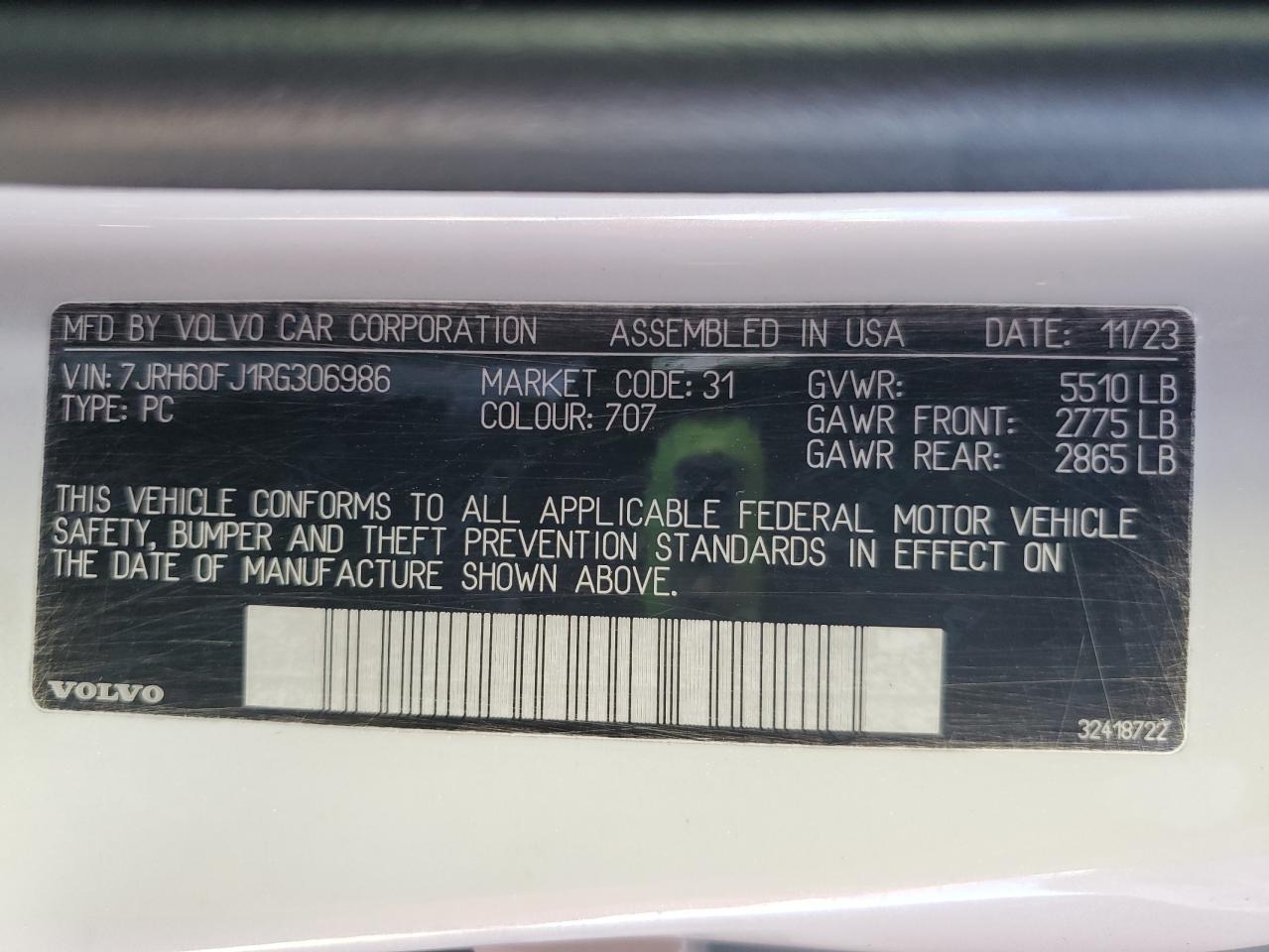 2024 Volvo S60 Ultimate VIN: 7JRH60FJ1RG306986 Lot: 84588045