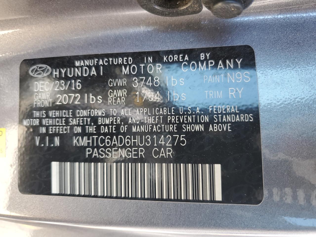 2017 Hyundai Veloster VIN: KMHTC6AD6HU314275 Lot: 80178065