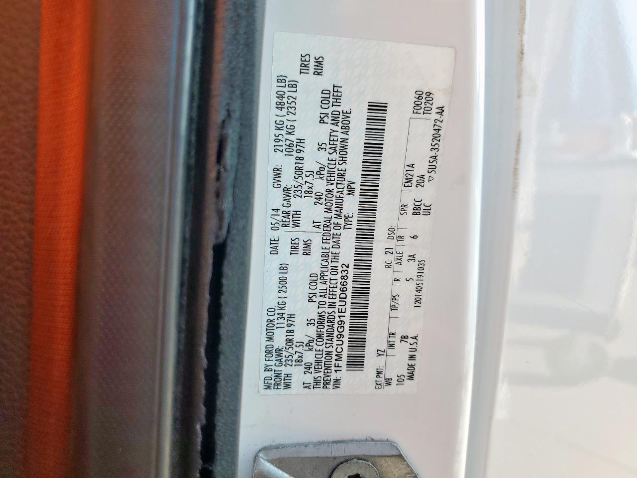 2014 Ford Escape Se VIN: 1FMCU9G91EUD66832 Lot: 81152735