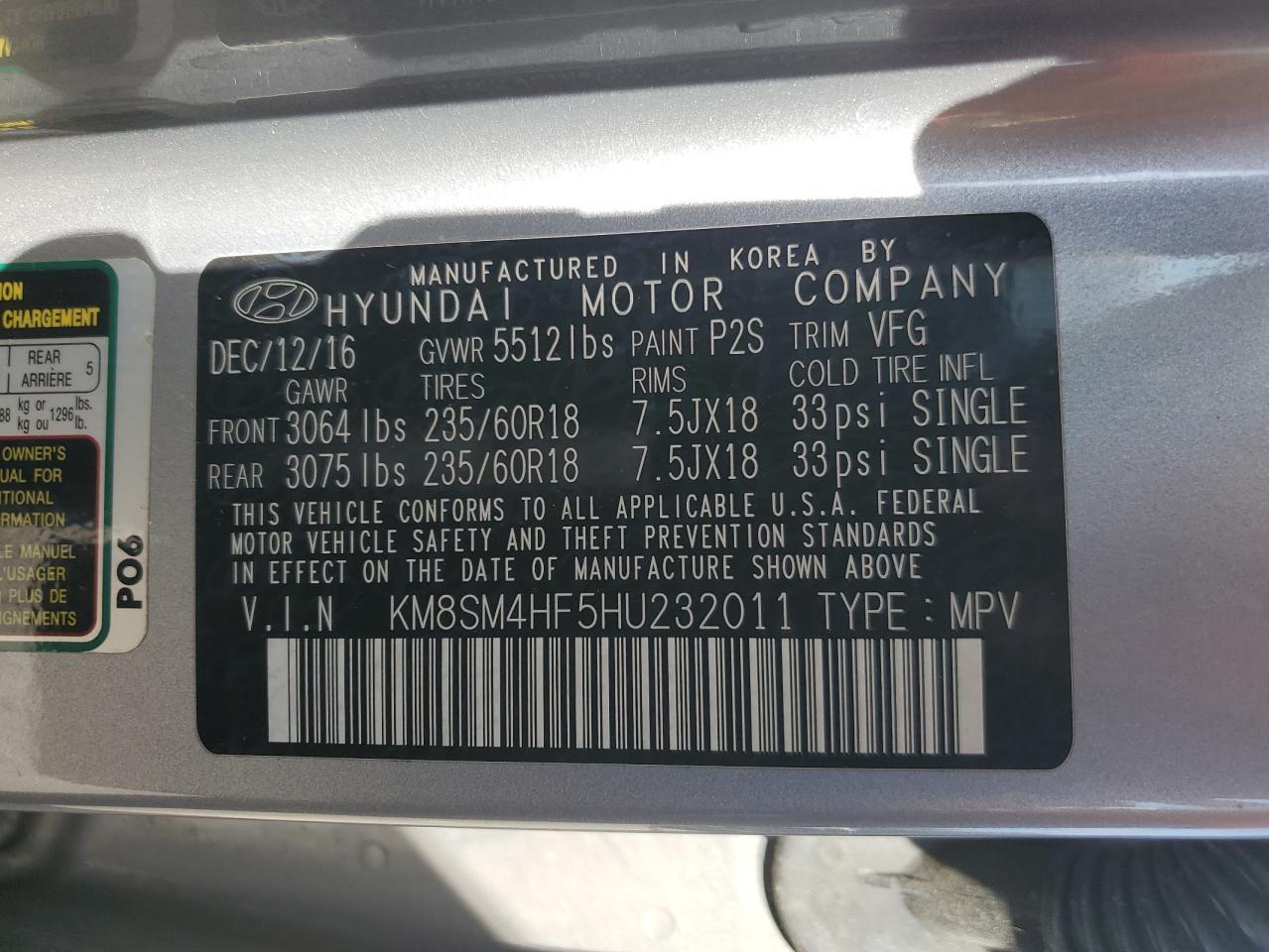 2017 Hyundai Santa Fe Se VIN: KM8SM4HF5HU232011 Lot: 81918865