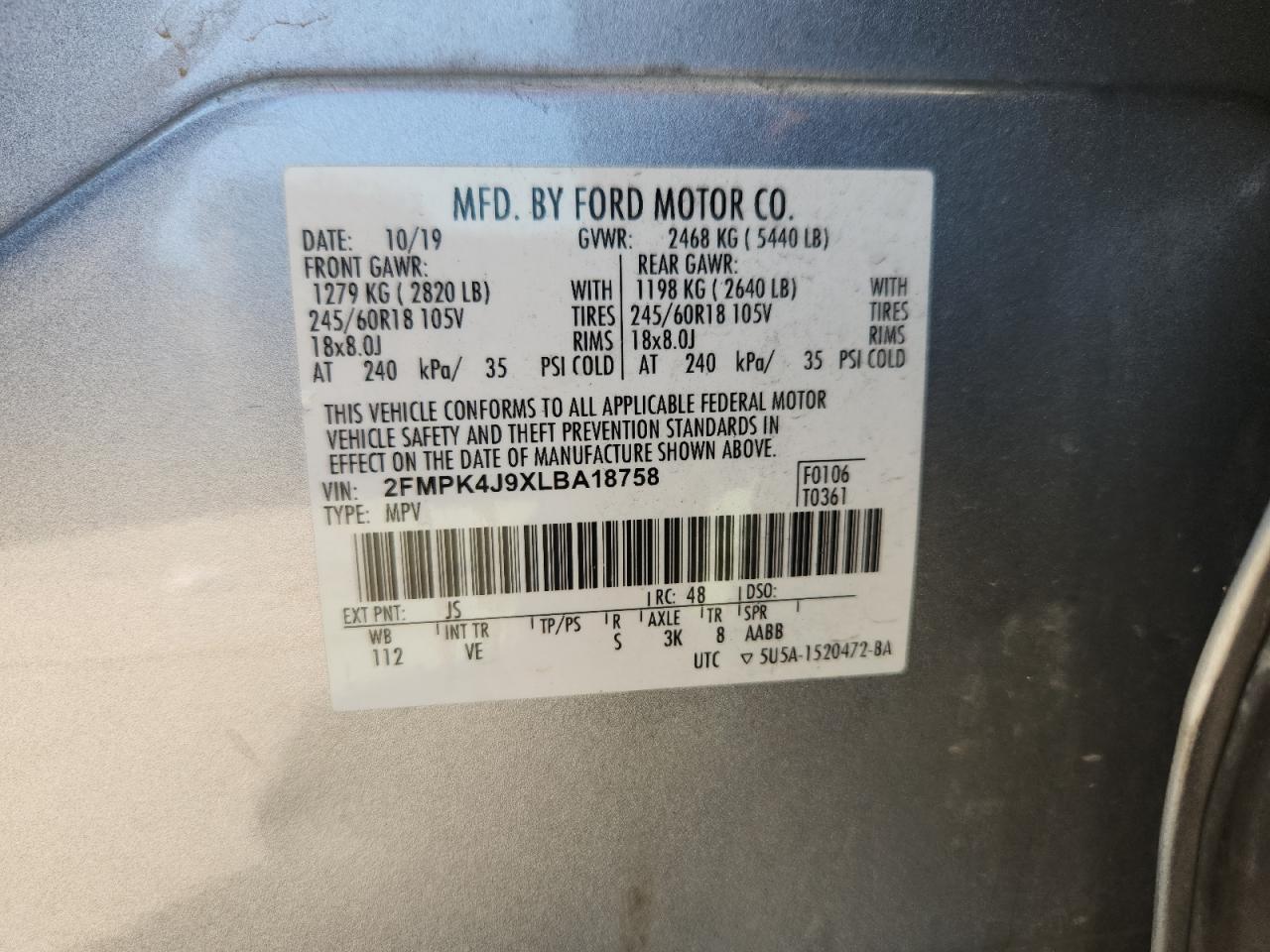 2020 Ford Edge Sel VIN: 2FMPK4J9XLBA18758 Lot: 80723305