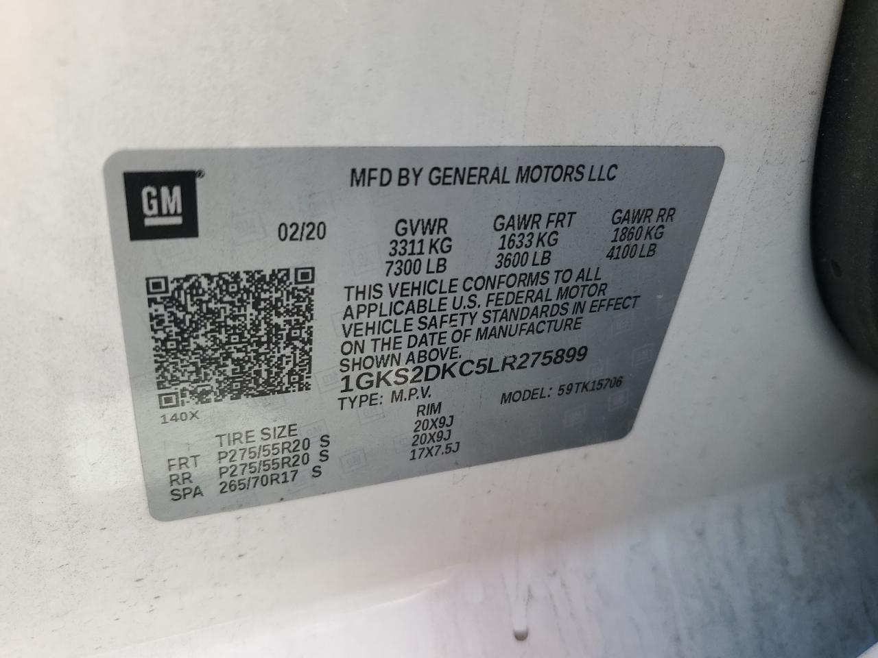 2020 GMC Yukon Slt VIN: 1GKS2DKC5LR275899 Lot: 80317775