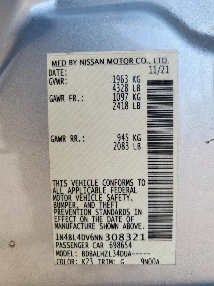 2022 Nissan Altima Sv VIN: 1N4BL4DV6NN308321 Lot: 71988045