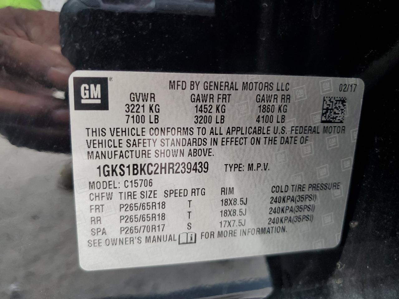 2017 GMC Yukon Slt VIN: 1GKS1BKC2HR239439 Lot: 81309925