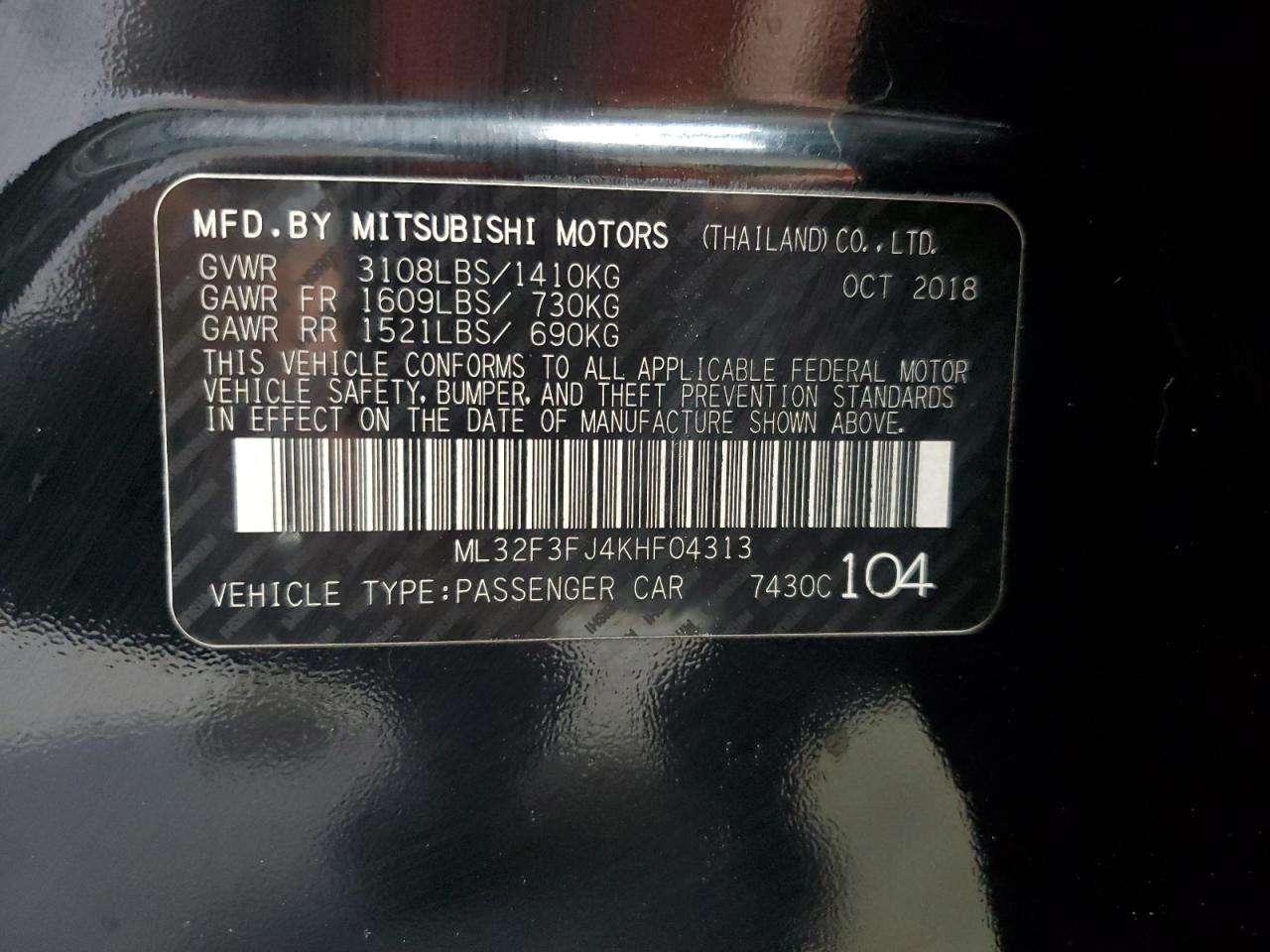 2019 Mitsubishi Mirage G4 Es VIN: ML32F3FJ4KHF04313 Lot: 83966525