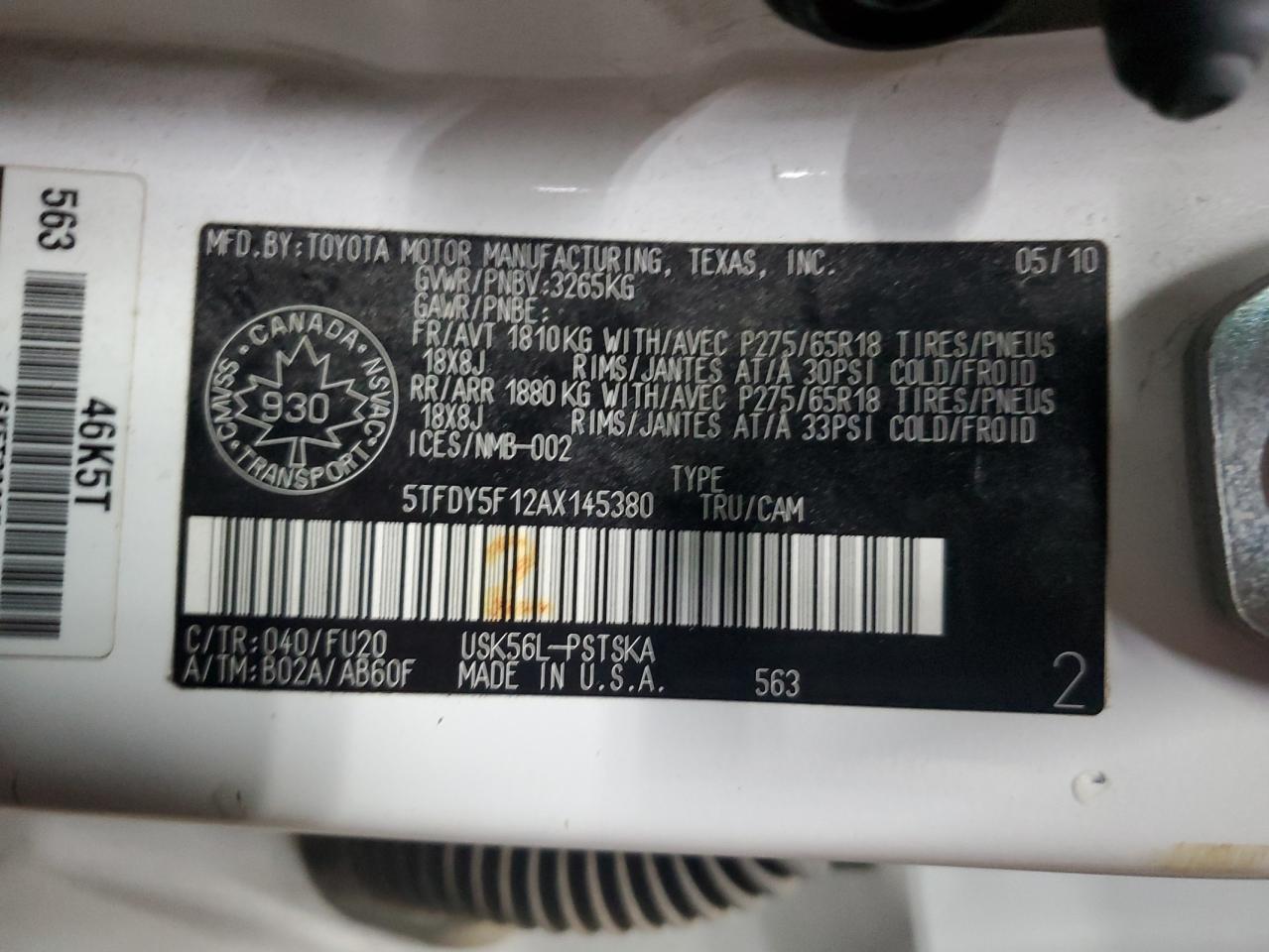 2010 Toyota Tundra Crewmax Sr5 VIN: 5TFDY5F12AX145380 Lot: 83768945