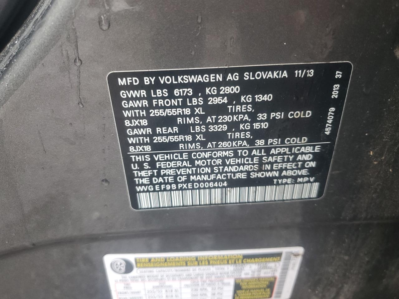 2014 Volkswagen Touareg V6 VIN: WVGEF9BPXED006404 Lot: 83981945