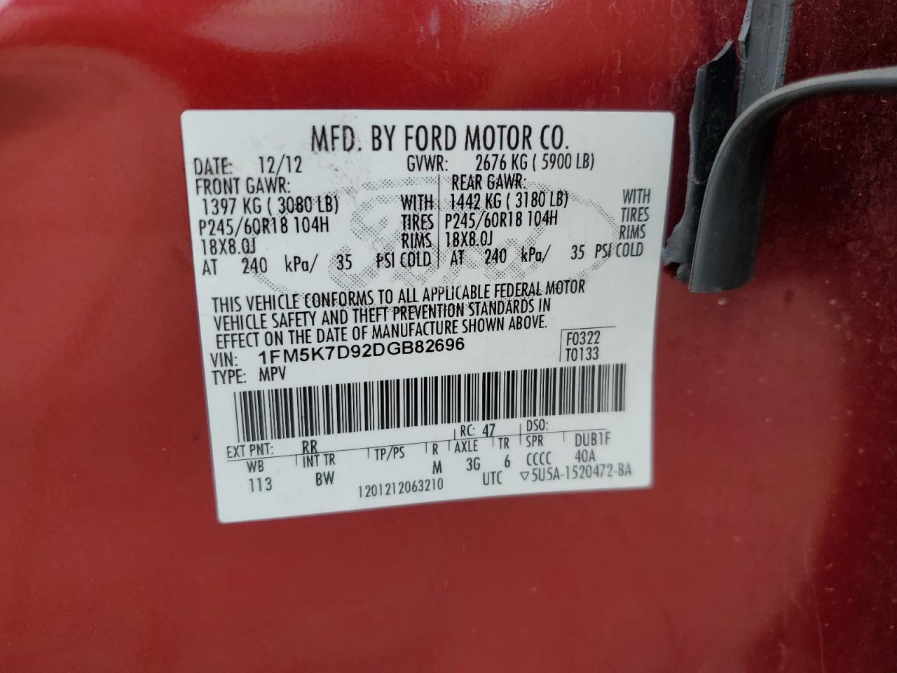 2013 Ford Explorer Xlt VIN: 1FM5K7D92DGB82696 Lot: 80118795