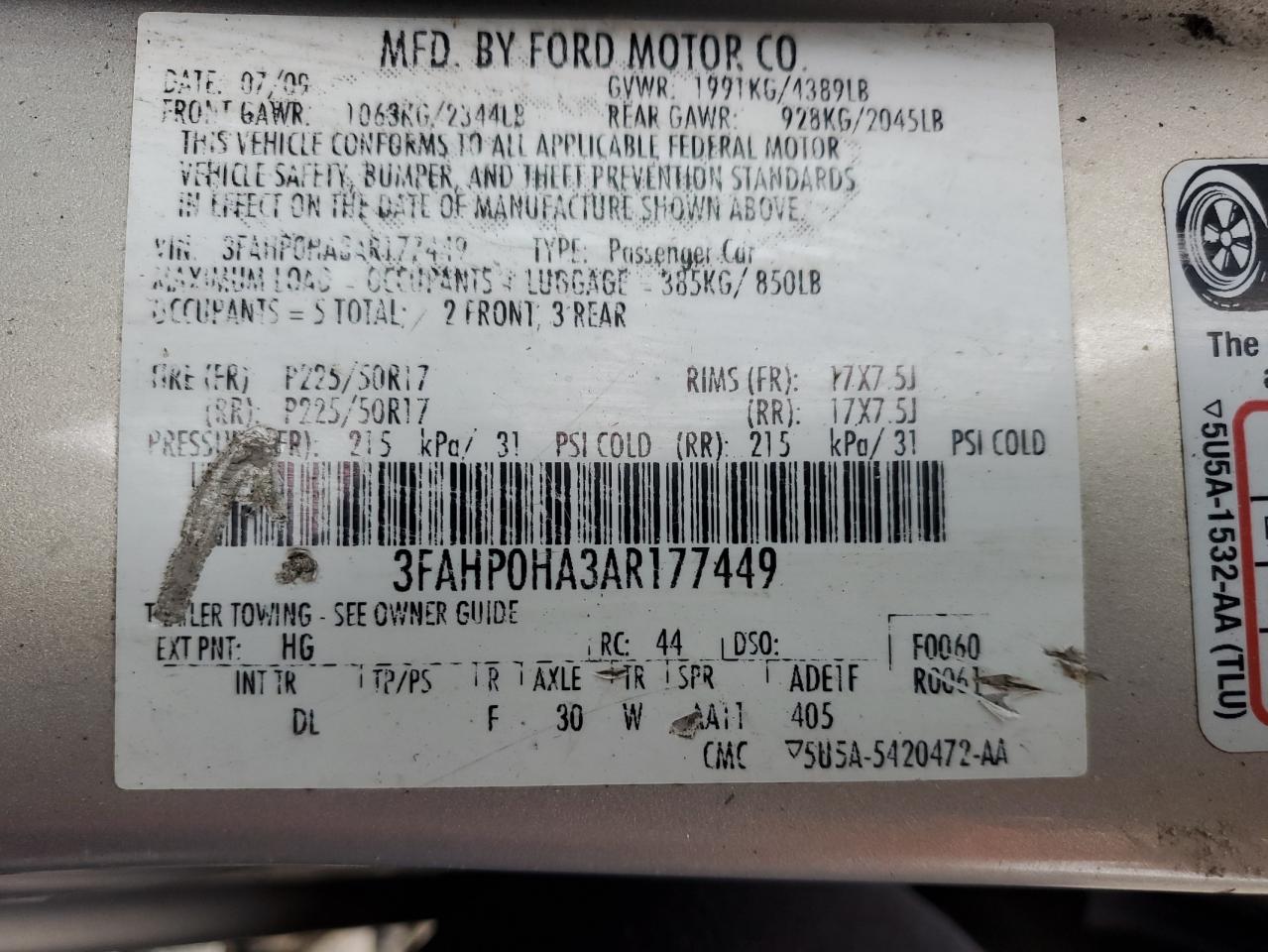 2010 Ford Fusion Se VIN: 3FAHP0HA3AR177449 Lot: 83976945