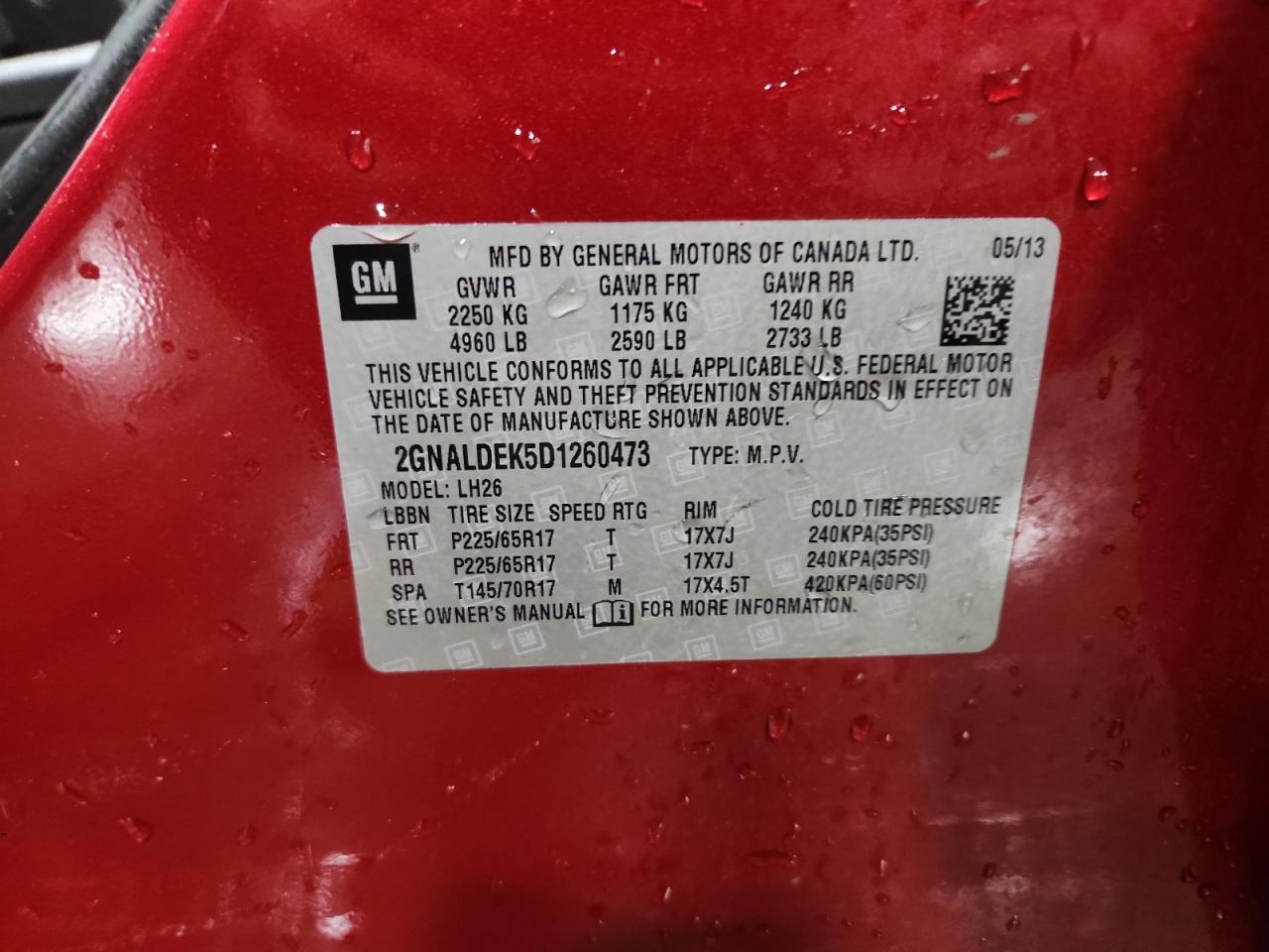 2013 Chevrolet Equinox Lt VIN: 2GNALDEK5D1260473 Lot: 80534595