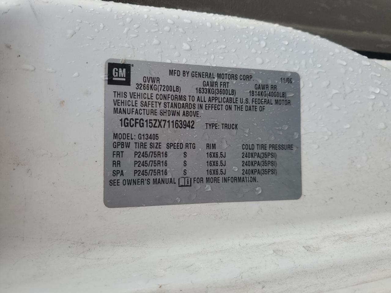 2007 Chevrolet Express G1500 VIN: 1GCFG15ZX71163942 Lot: 84268265