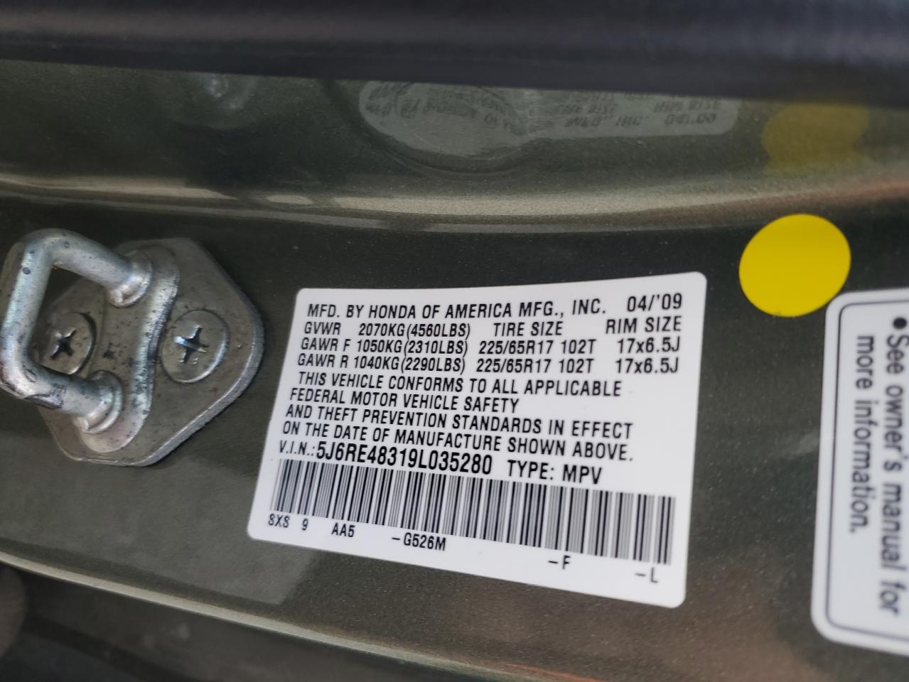 2009 Honda Cr-V Lx VIN: 5J6RE48319L035280 Lot: 71561135