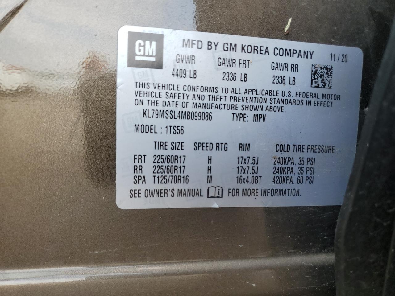 2021 Chevrolet Trailblazer Activ VIN: KL79MSSL4MB099086 Lot: 71362985