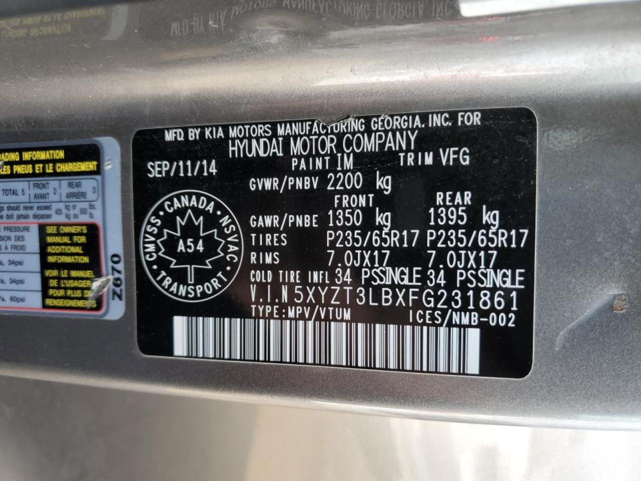 2015 Hyundai Santa Fe Sport VIN: 5XYZT3LBXFG231861 Lot: 71248465