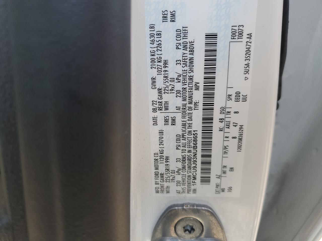 2022 Ford Escape Titanium VIN: 1FMCU9J93NUB68651 Lot: 71058225