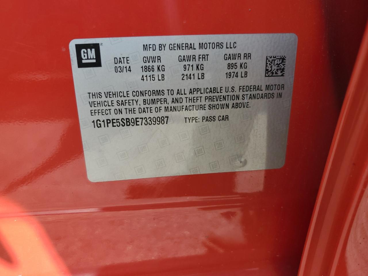 2014 Chevrolet Cruze Lt VIN: 1G1PE5SB9E7339987 Lot: 80879525