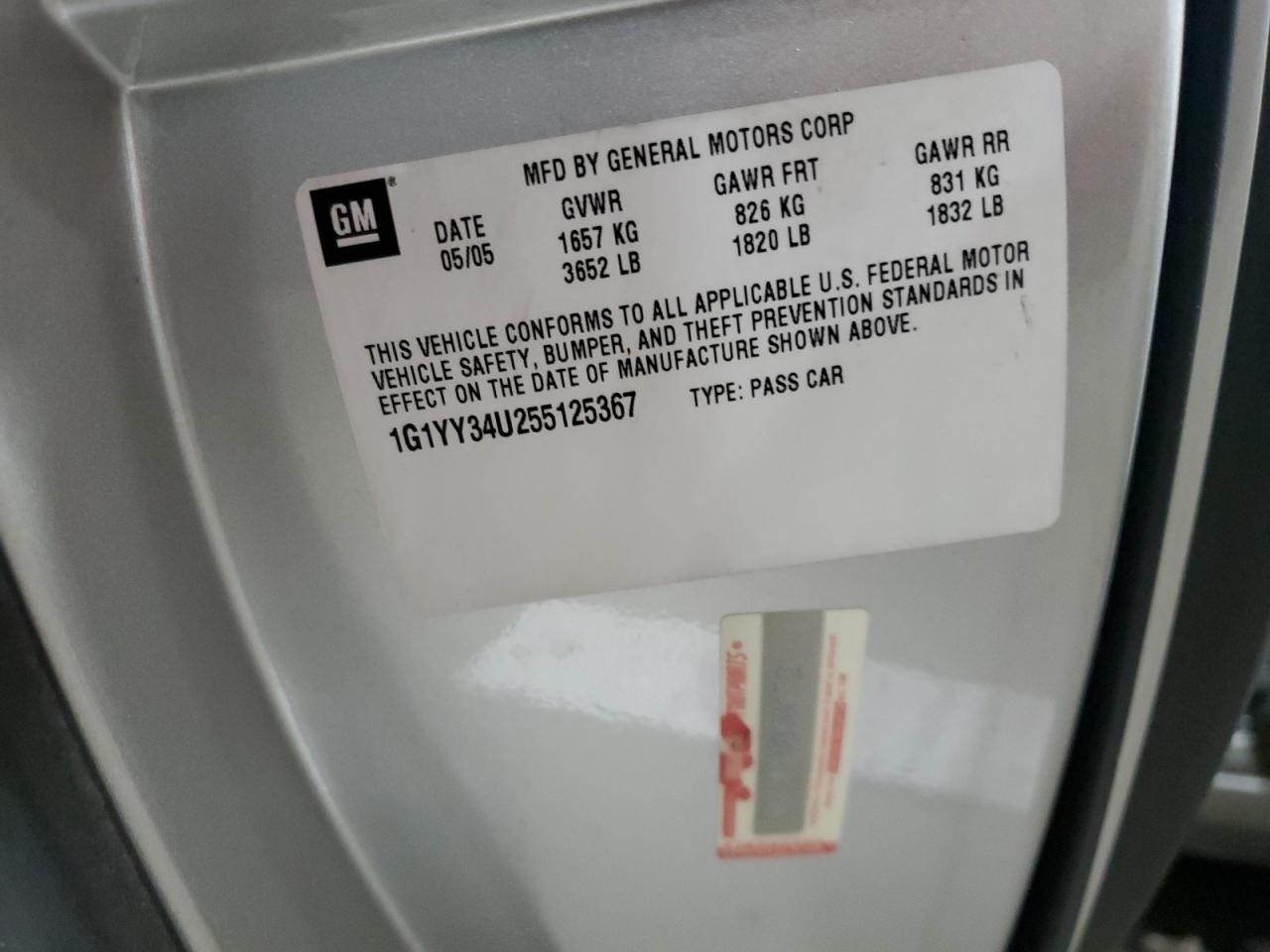 2005 Chevrolet Corvette VIN: 1G1YY34U255125367 Lot: 71925465