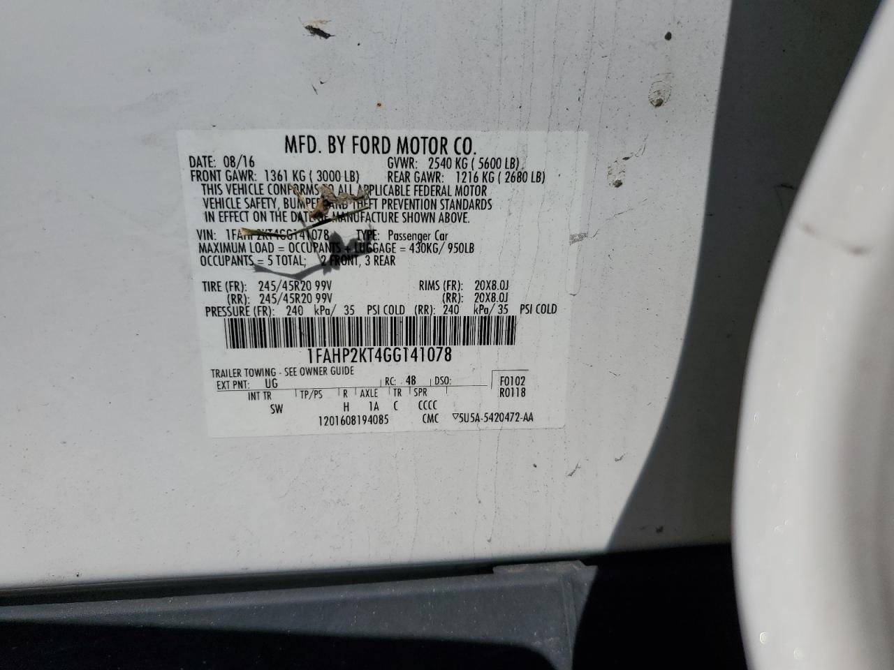 2016 Ford Taurus Sho VIN: 1FAHP2KT4GG141078 Lot: 84386955