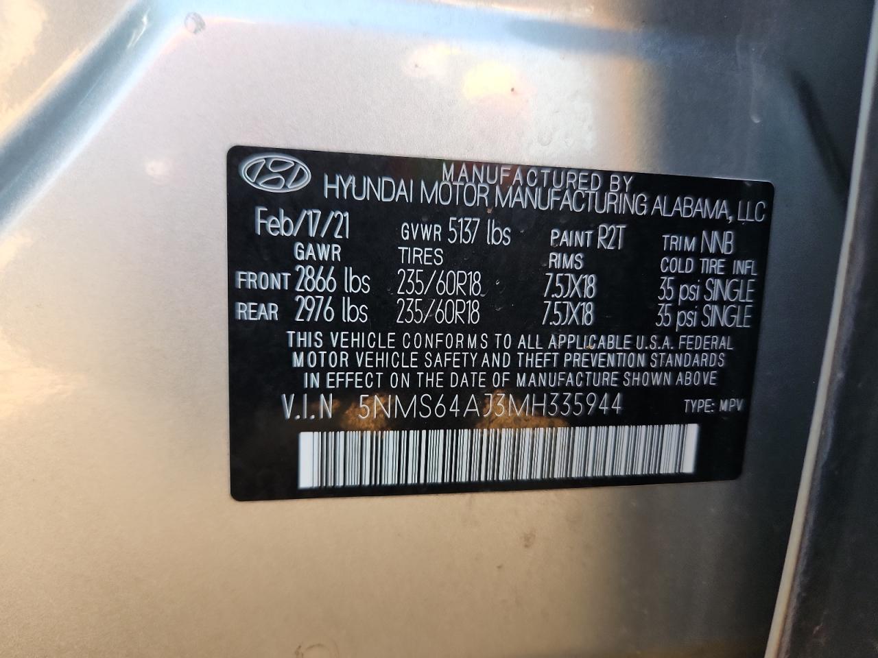 2021 Hyundai Santa Fe Sel VIN: 5NMS64AJ3MH335944 Lot: 71310715