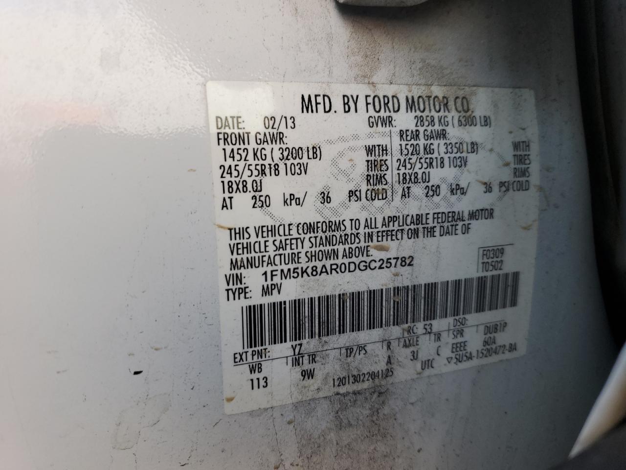 2013 Ford Explorer Police Interceptor VIN: 1FM5K8AR0DGC25782 Lot: 81208855