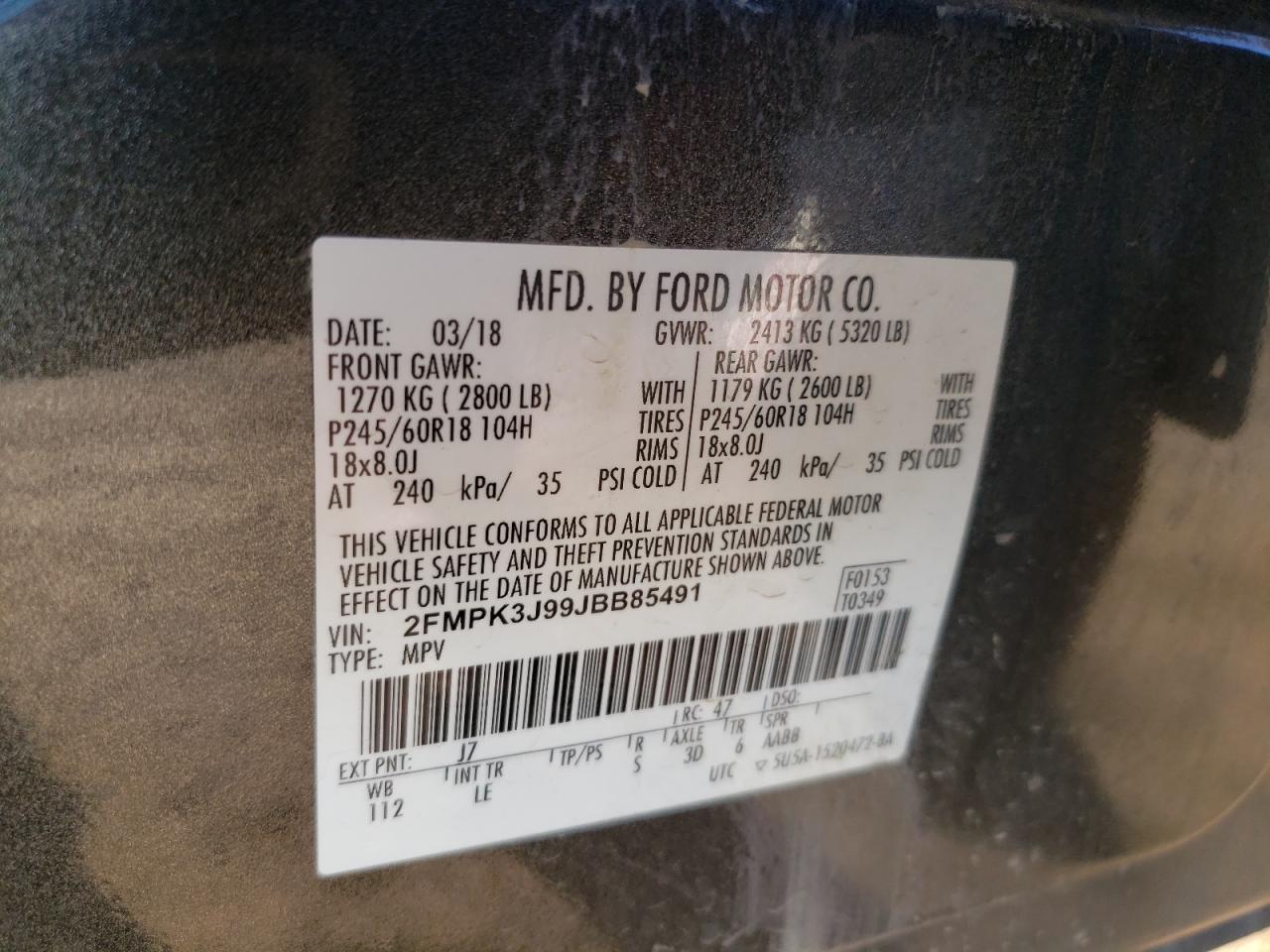 2018 Ford Edge Sel VIN: 2FMPK3J99JBB85491 Lot: 84254495