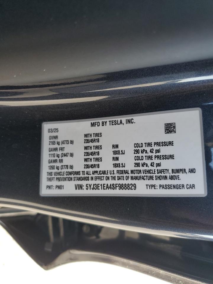 2025 Tesla Model 3 VIN: 5YJ3E1EA4SF988829 Lot: 80722795