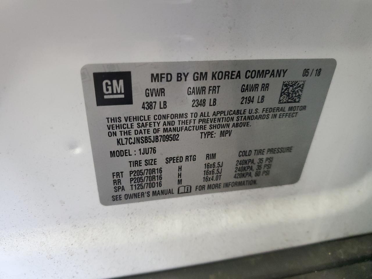 2018 Chevrolet Trax Ls VIN: KL7CJNSB5JB709502 Lot: 71000505