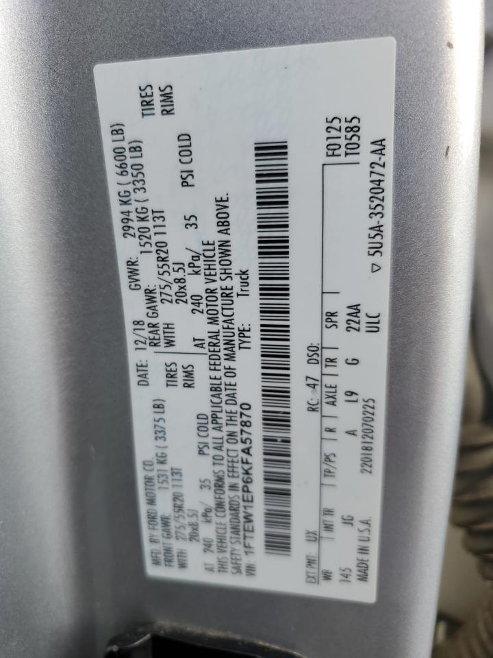 2019 Ford F150 Supercrew VIN: 1FTEW1EP6KFA57870 Lot: 81021565