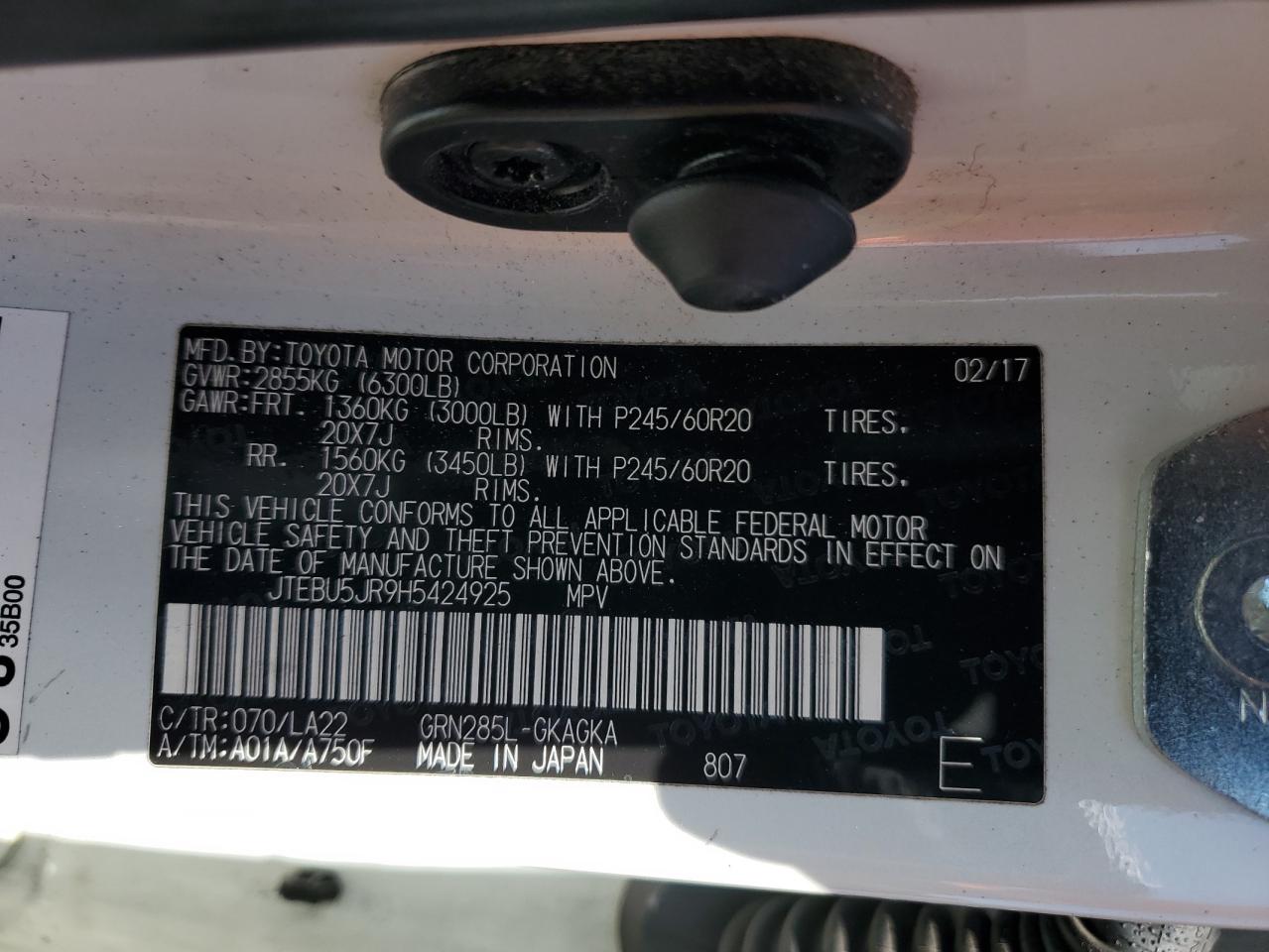 2017 Toyota 4Runner Sr5/Sr5 Premium VIN: JTEBU5JR9H5424925 Lot: 71713355