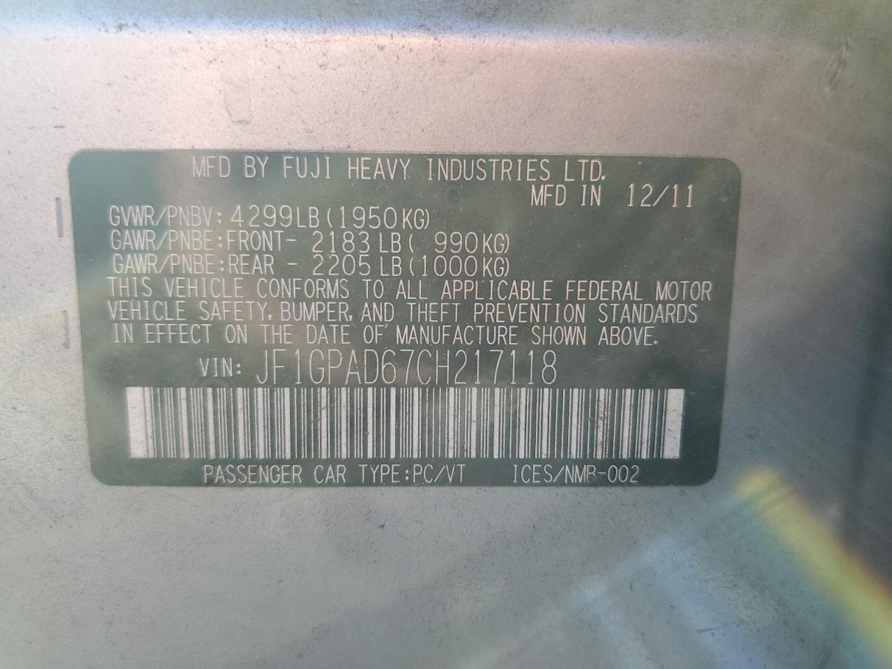 2012 Subaru Impreza Premium VIN: JF1GPAD67CH217118 Lot: 81079945