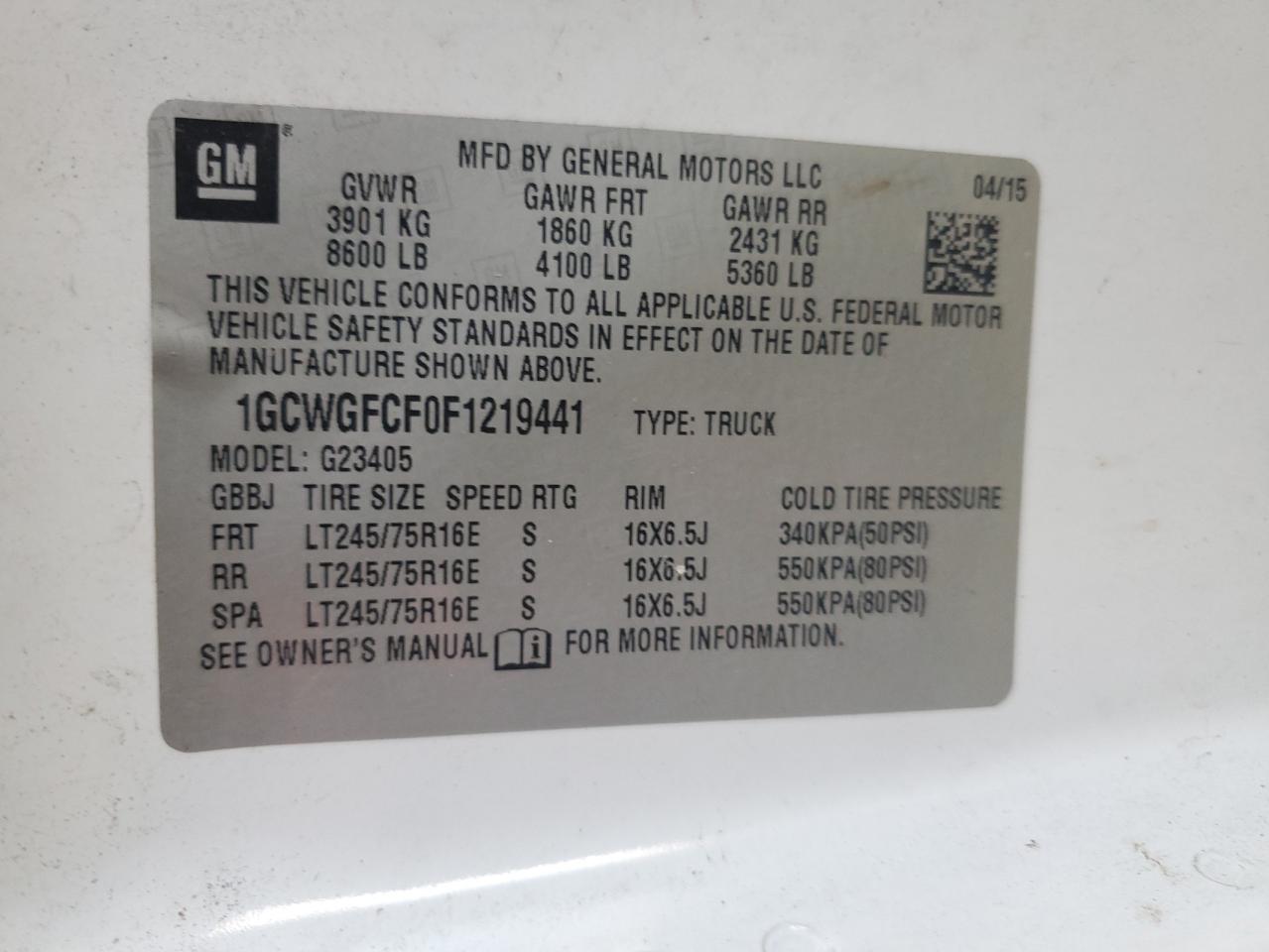 2015 Chevrolet Express G2500 VIN: 1GCWGFCF0F1219441 Lot: 84630885