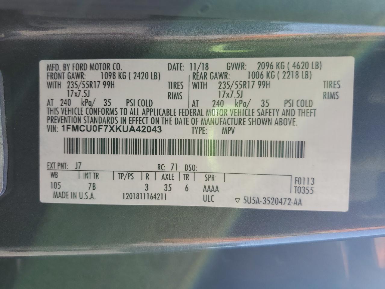 2019 Ford Escape S VIN: 1FMCU0F7XKUA42043 Lot: 83796075