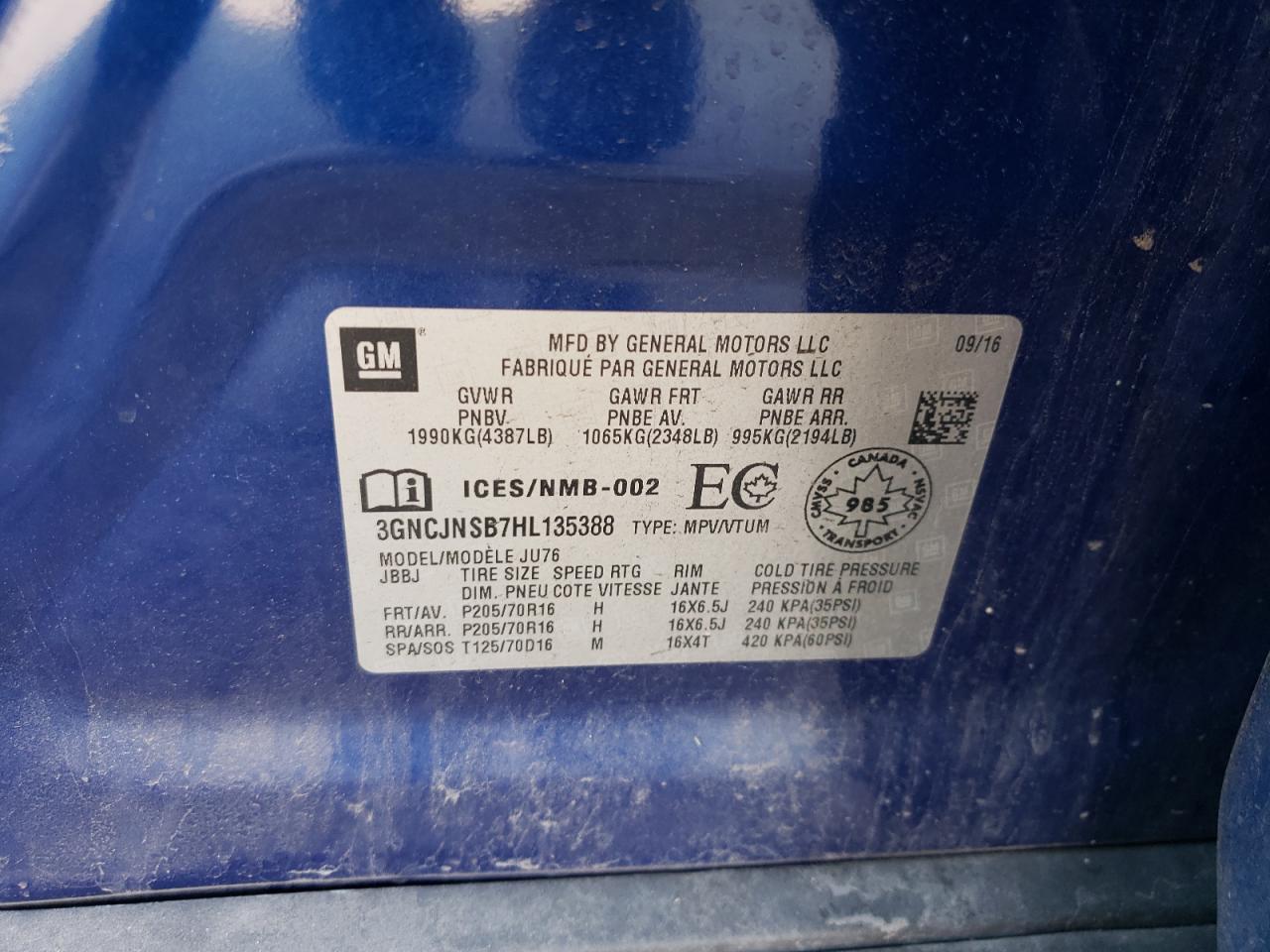 2017 Chevrolet Trax Ls VIN: 3GNCJNSB7HL135388 Lot: 80488335