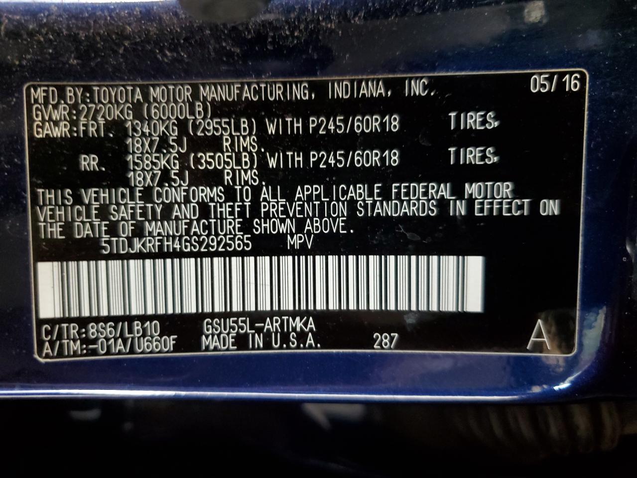 2016 Toyota Highlander Xle VIN: 5TDJKRFH4GS292565 Lot: 81107165