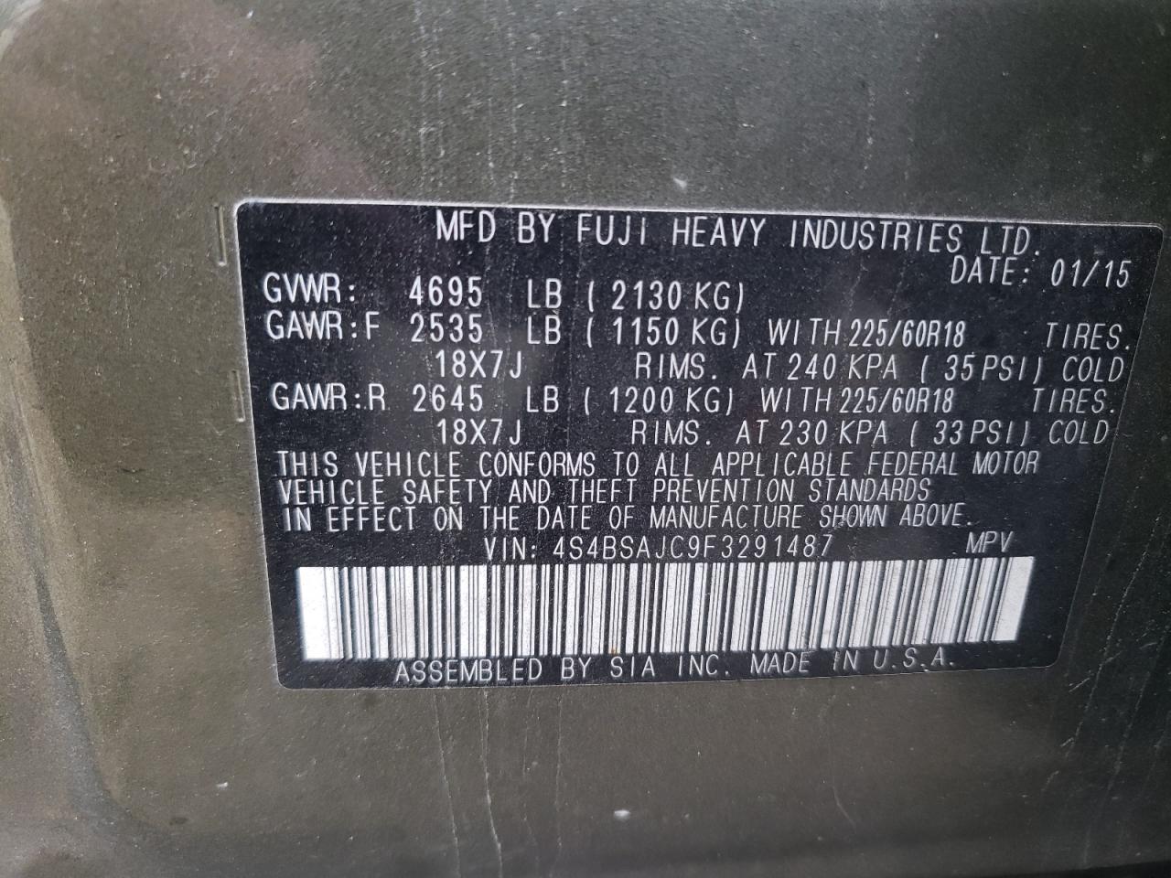 2015 Subaru Outback 2.5I Limited VIN: 4S4BSAJC9F3291487 Lot: 80529515